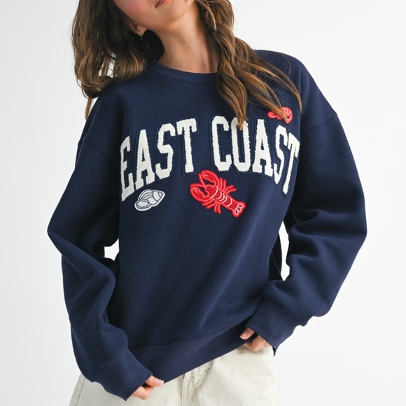 Navy East Coast Coastal Seaside Graphic Fleece Pullover Sweatshirt - Picture 1 of 5